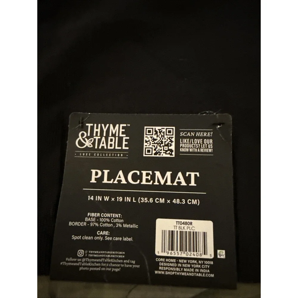 Thyme & Table Black Beige Cotton Metallic Rectangular Placemats 14x19in Set of 3